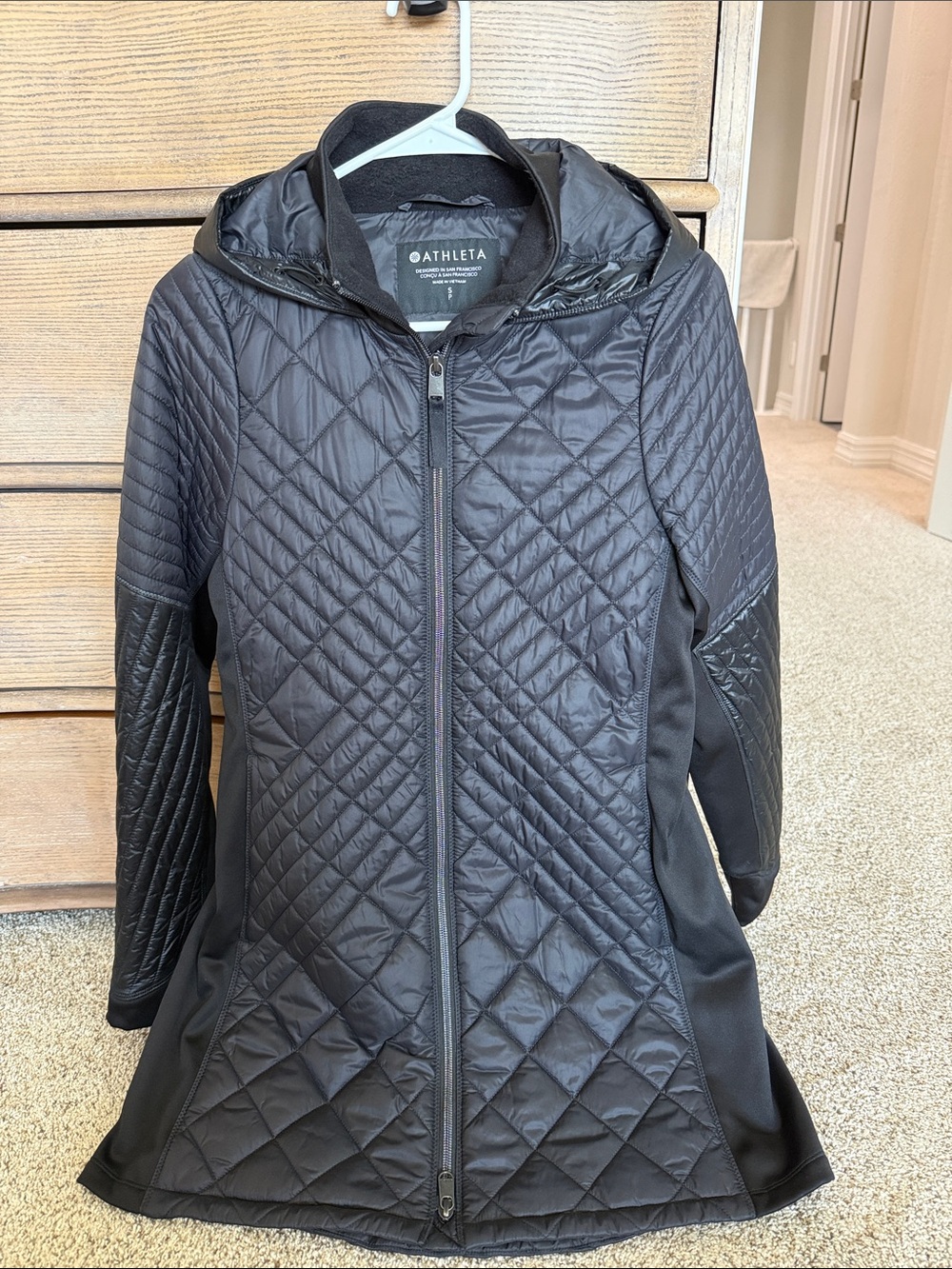 Athleta Black Quilted Hooded Long Jacket